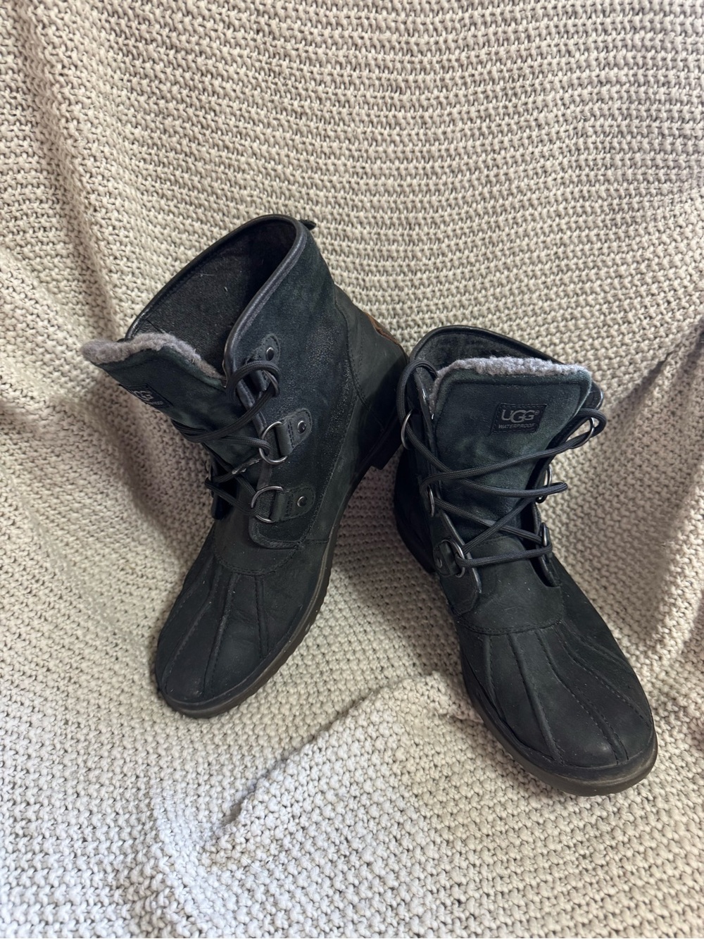 UGG Women's Black Lace-Up Waterproof Boots with Shearling Trim